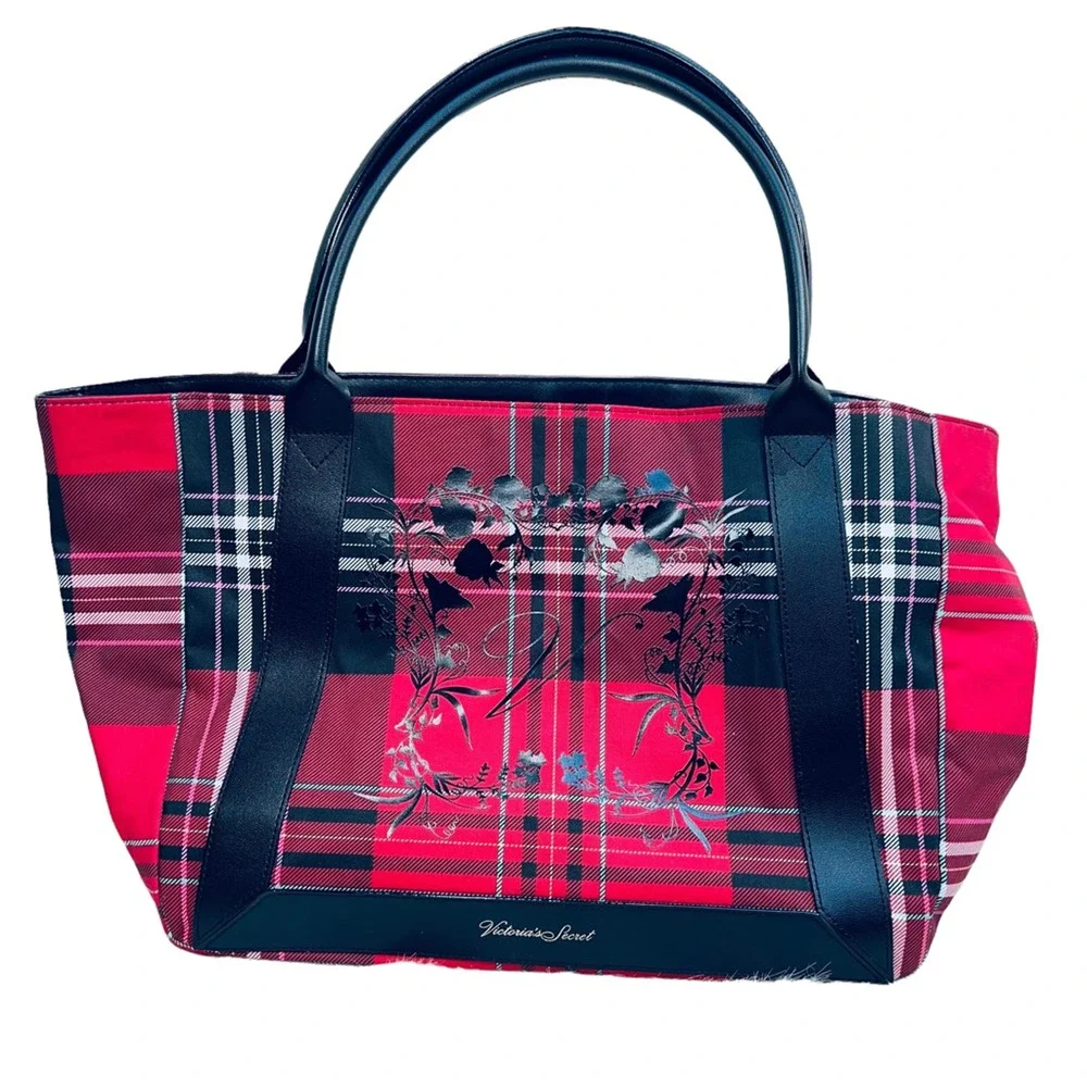 Victorias Secret Womens Tote Bag Multicolor Plaid Embroidered Dual Handle M